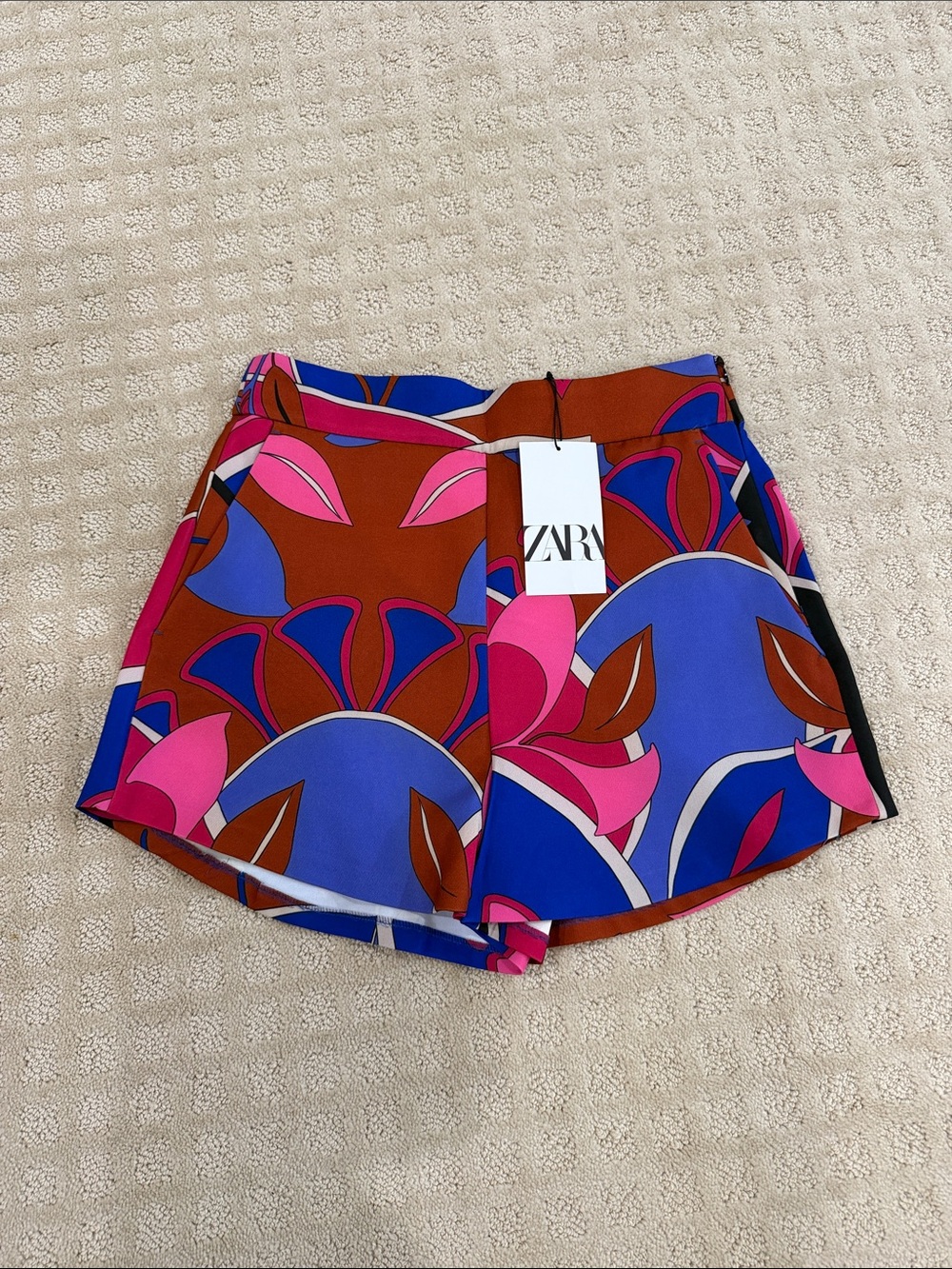 ZARA Multicolor Floral High-Waist Shorts — Rust, Blue & Pink